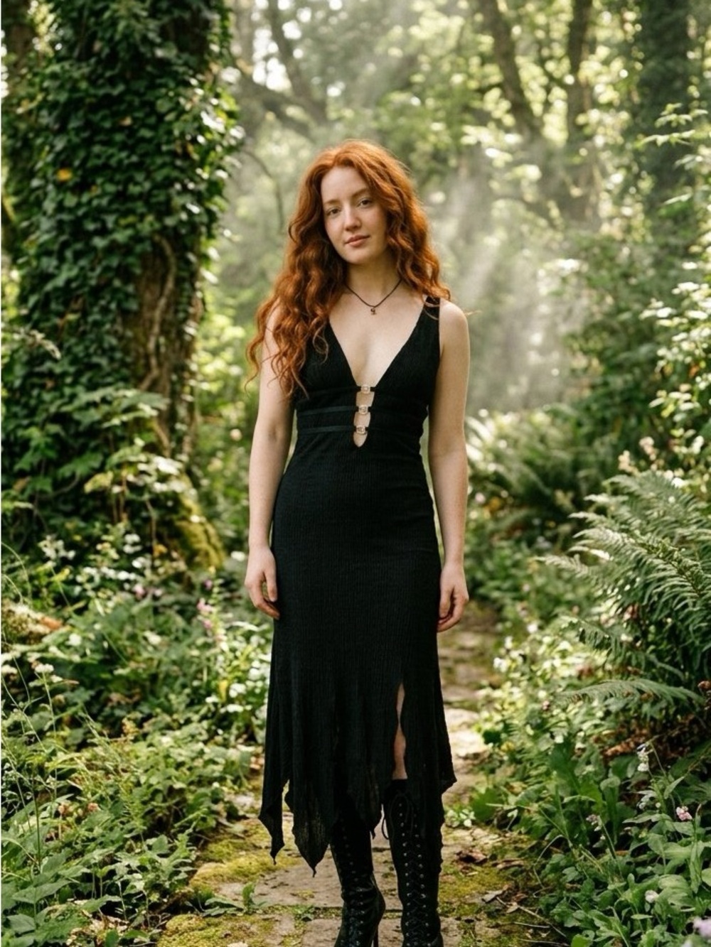 Asymmetrical Black Midi Dress with Plunge V and Ring Details